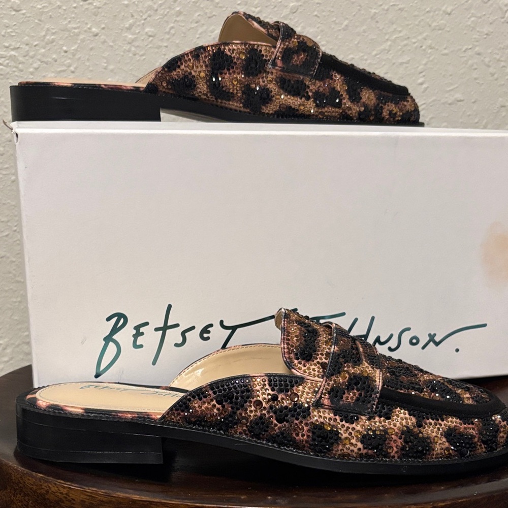 Betsey Johnson Leopard Sequin Slide Mules in Brown